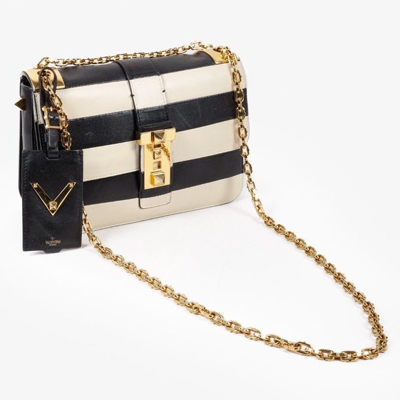 Valentino Garavani Striped Black and Ivory B-Rockstud Flap Bag - Picture 6 of 14